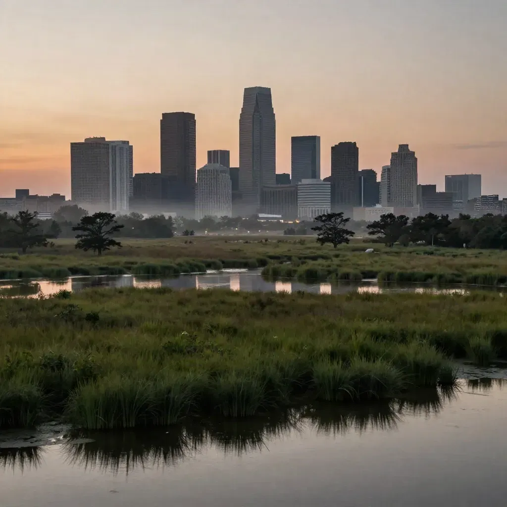 Humid dusk over Houston marshland with skyline high above reflective bayou water.