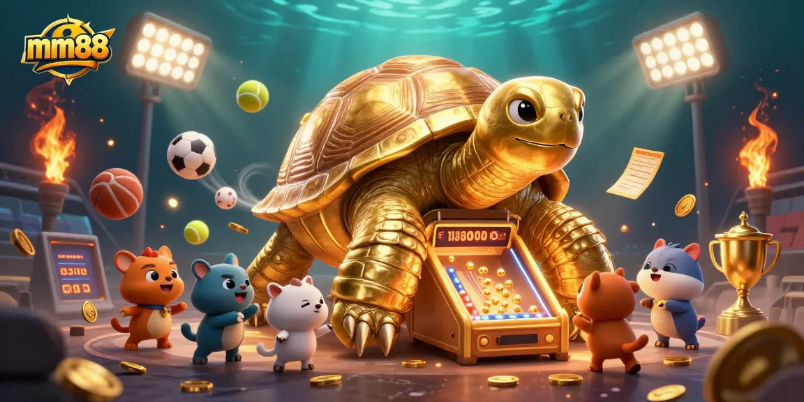 Experience thrilling gameplay at mm88 with a golden tortoise pinball machine amidst dynamic sports elements.