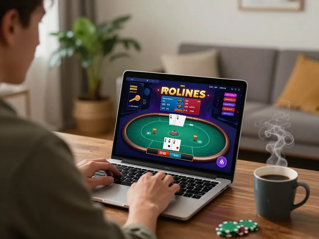 Engage with Trang chủ 888new while playing poker on a modern laptop in a cozy setting.