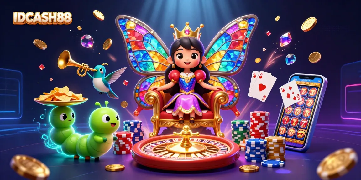 Join the enchanting world of IDCASH88, where colorful royalty meets thrilling casino gaming, featuring a butterfly queen and golden treasures.