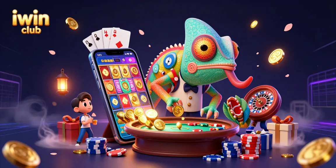 Play exciting games at iwin club featuring a colorful 3D casino scene with gold coins and vibrant characters.