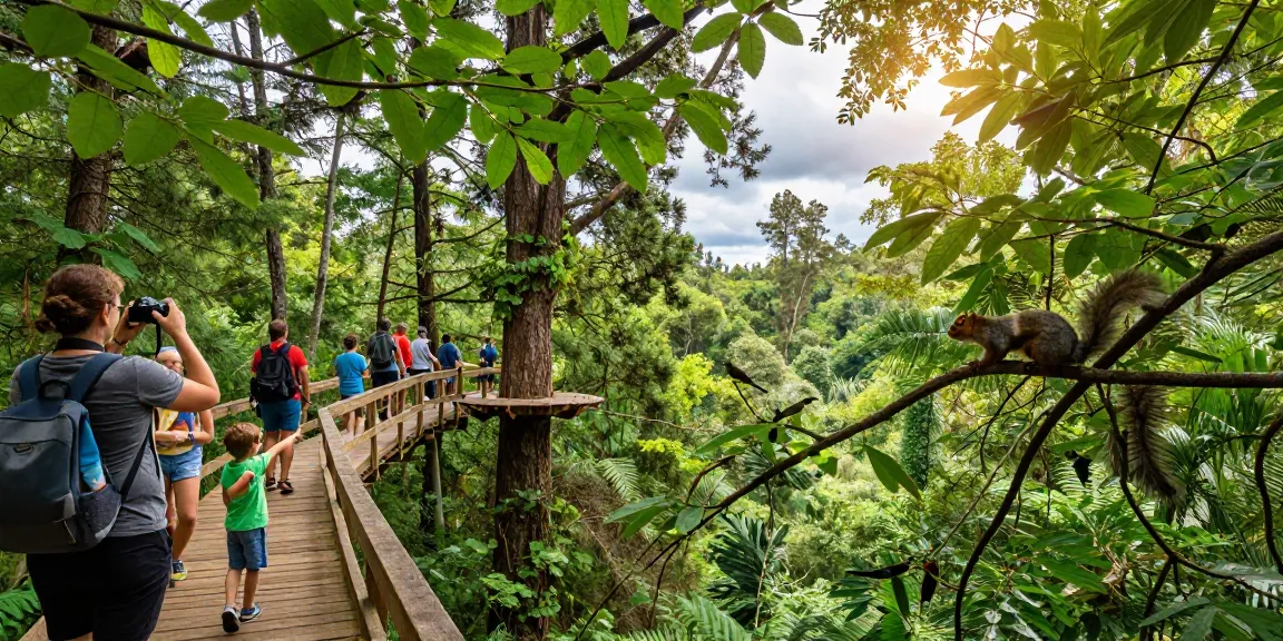 Treetop Walkway featuring families enjoying elevated forest views with dappled sunlight.