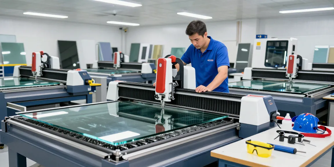 CNC glass cutting machine in action at a modern workshop, showcasing precision cutting techniques and a skilled technician.