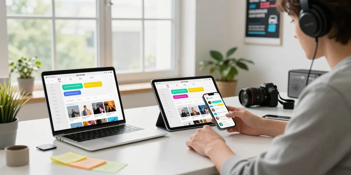 Engaging with the 纸飞机中文版 app in a modern workspace filled with tech gadgets.