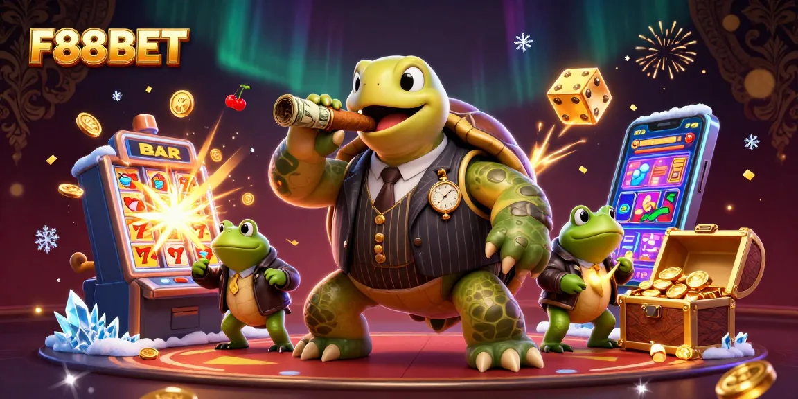 Engage with F88BET's thrilling casino experience featuring a snapping turtle mobster and exciting game visuals.
