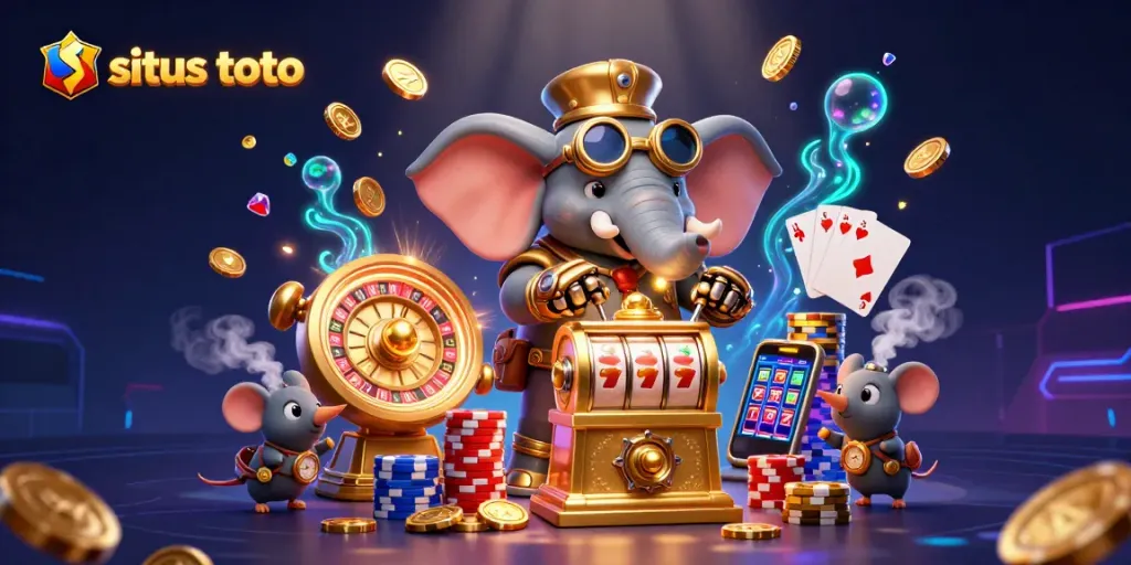 Permainan situs toto menampilkan simbol mesin slot bergaya kartun dan karakter 3D yang menarik.