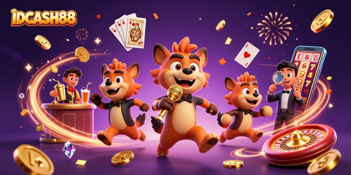 Engaging scene with IDCASH88 logo showcasing animated hyenas in a vibrant casino atmosphere.