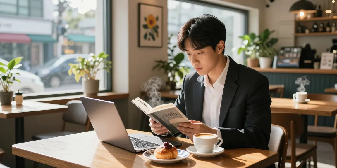 강남쩜오에서 편안하게 커피를 즐기는 젊은 직장인의 모습, 아늑한 분위기