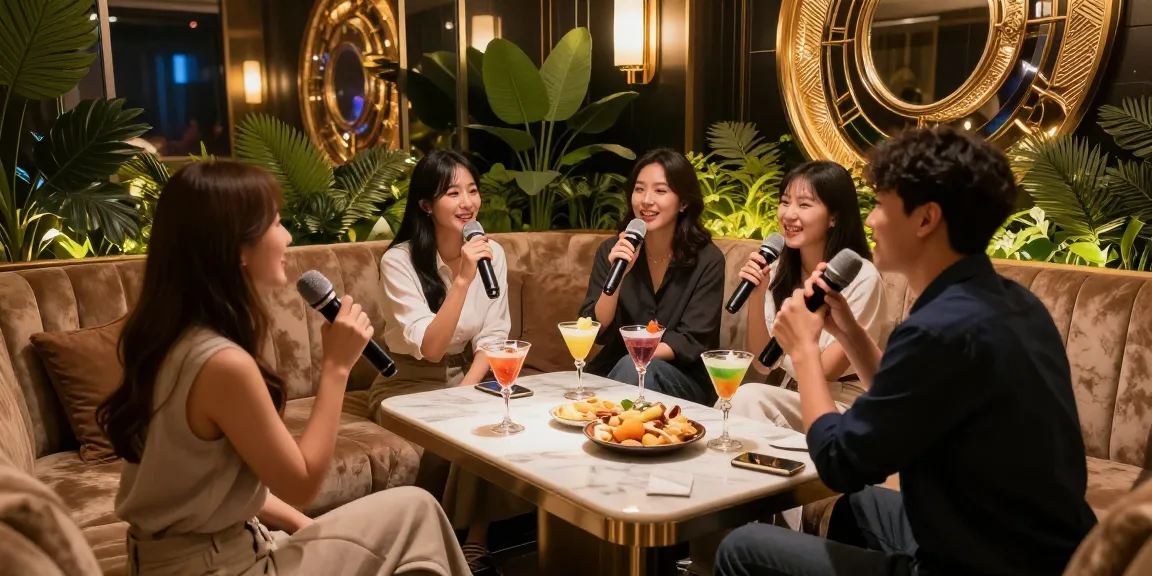 강남 엘리트 가라오케의 프라이빗 룸에서 친구들이 노래를 즐기는 모습