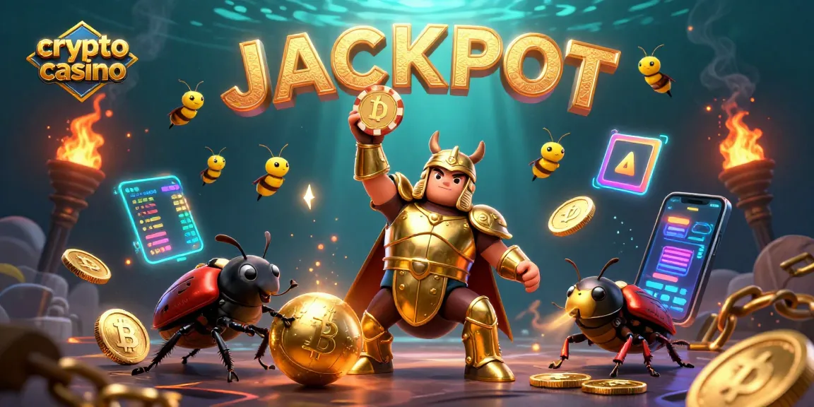Scopri il mondo del crypto casino con un'incredibile scena di vittoria di un scarabeo guerriero e monetine crypto fluttuanti.