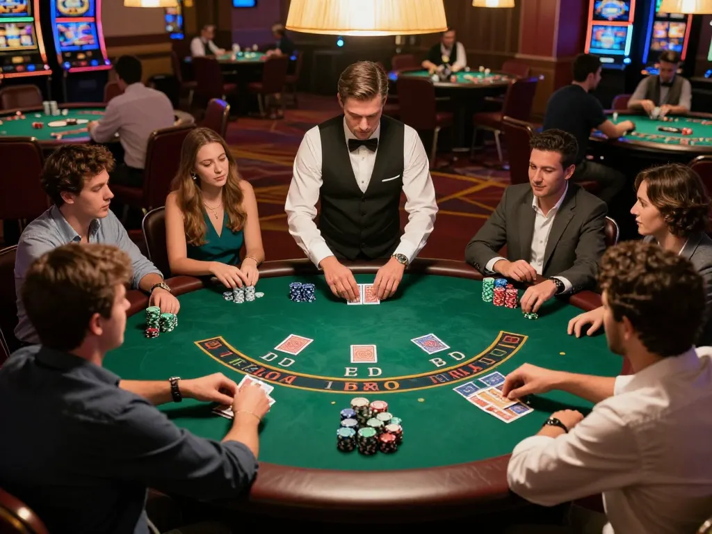 Players enjoy blackjack at Hit club, showcasing focused gameplay with strategic card dealing and vibrant atmosphere.