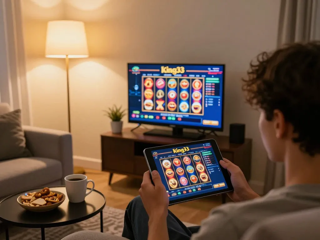 Engaged player using king33 app on tablet while enjoying snacks at home.