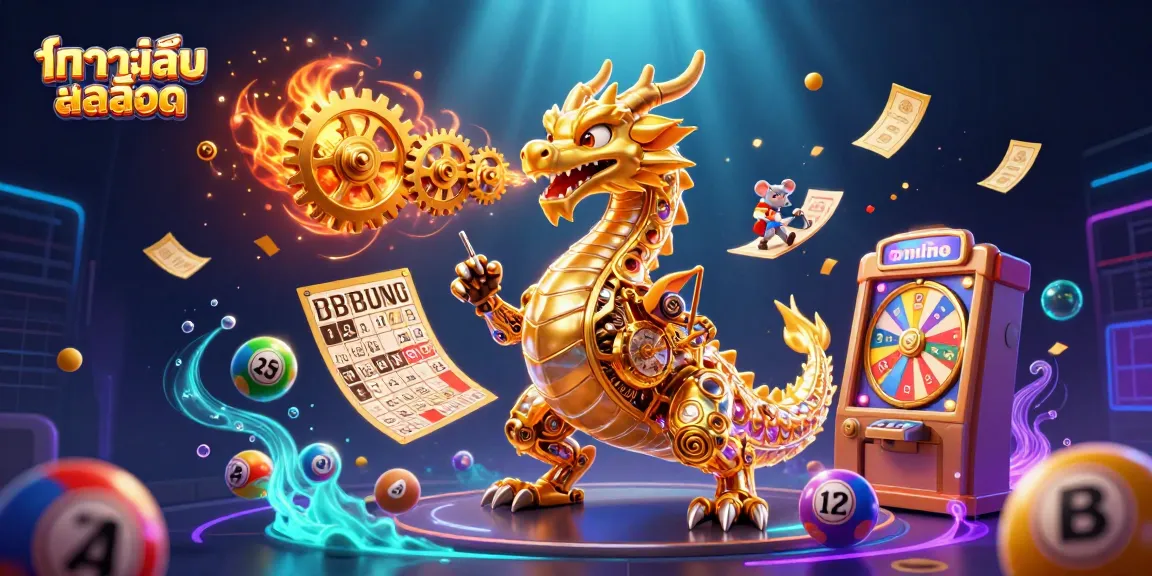 ทดลองเล่นสล็อต ในภาพวาด 3D ที่แสดงถึงมังกรทองกลไกและลูกบอลลอตเตอรีที่กระเด้งออกอย่างมีชีวิตชีวา