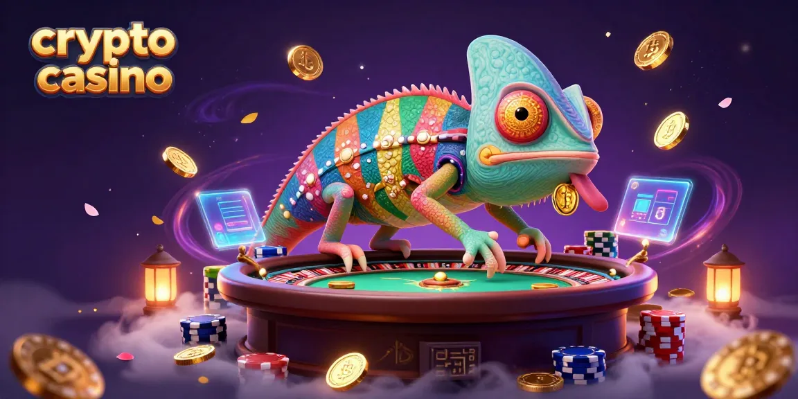 Coinvolgente scena di un casino crypto con un camaleonte e monete bitcoin che festeggiano vittorie.