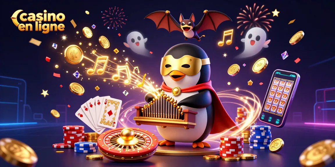 Jouez au casino en ligne avec un manchot fantôme dans un casino vibrant rempli de pièces d'or et de jeux