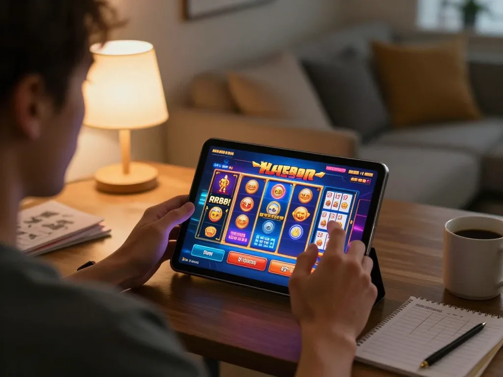 Playing RR88 online casino games in a cozy home setting with a vibrant tablet display.