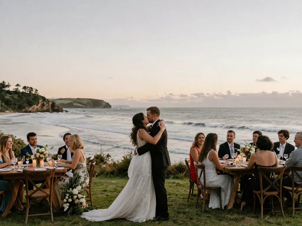Dunedin wedding photographer captures an intimate sunset wedding scene with couple celebrating along the coastline.