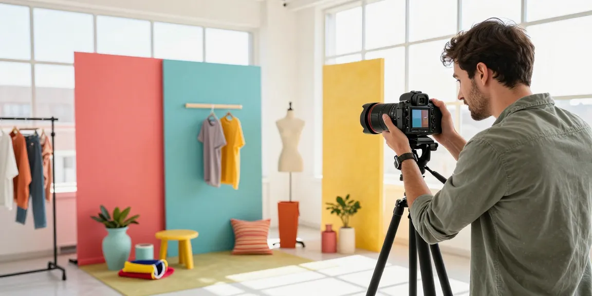 Photographe e-commerce en studio avec produits bien éclairés.