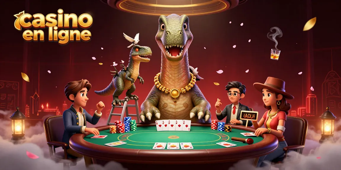 Jouer au casino en ligne avec une illustration dynamique de dinosaures et jeux de poker.