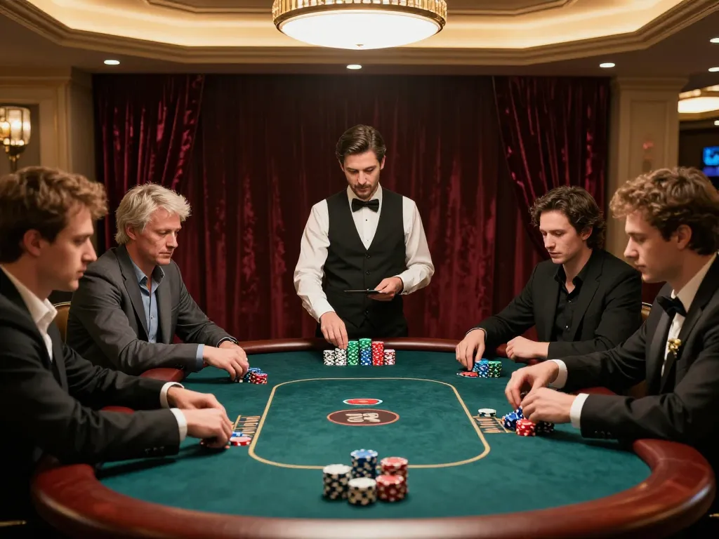Players strategizing their bets at a QH88go poker table in an upscale casino atmosphere.