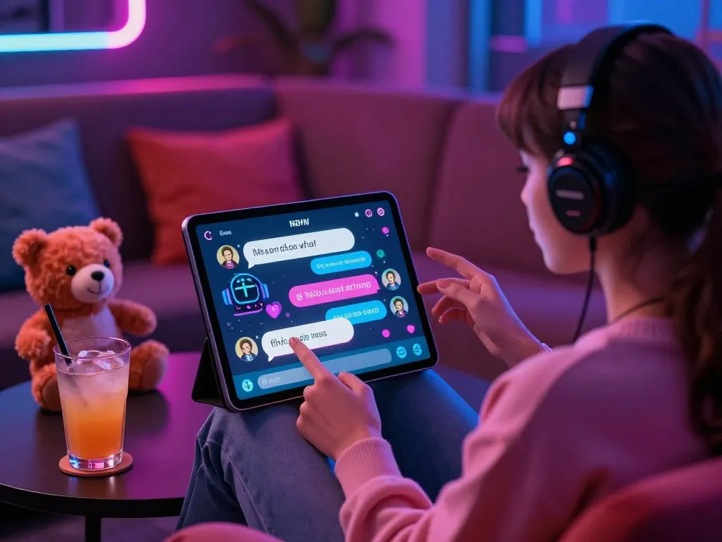 Engaging NSFW chat experience on a tablet in a cozy lounge with vibrant lights.