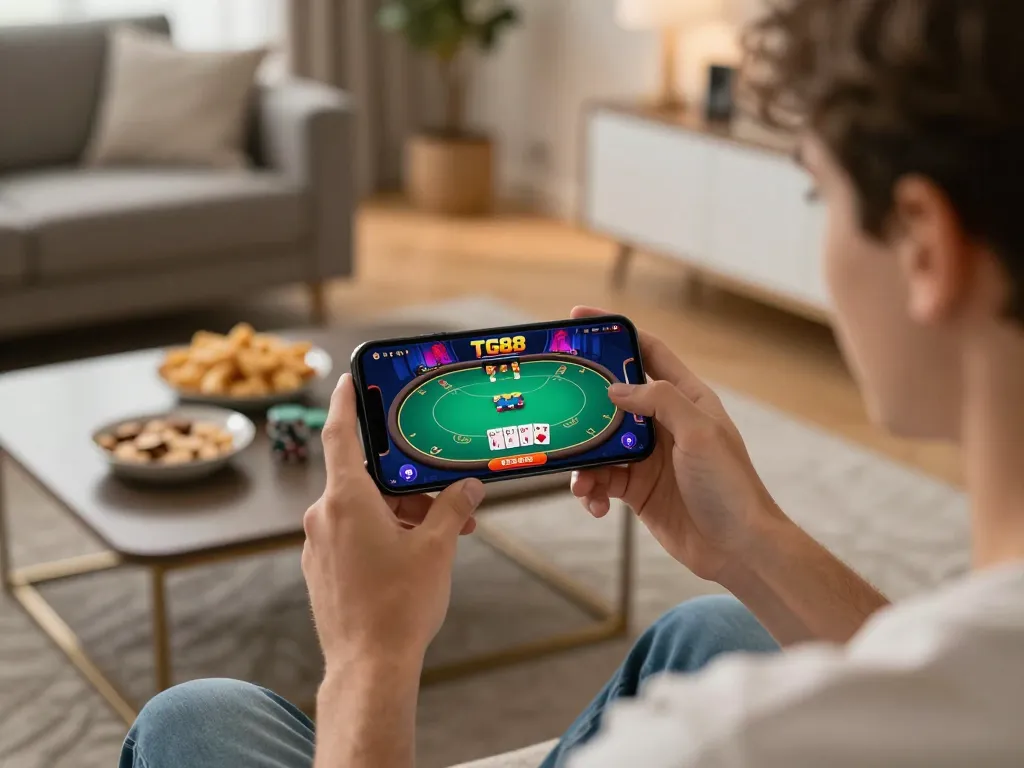 TG88 user engaging in an online poker match on a smartphone, showcasing strategic gameplay in a cozy home setting