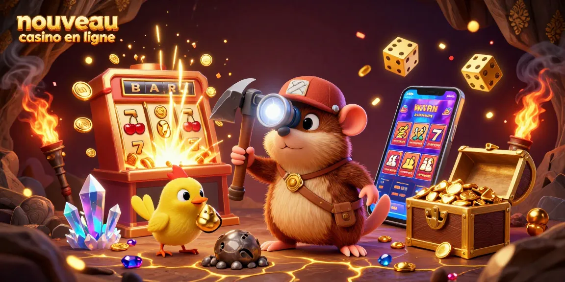 Découvrez les trésors des nouveaux casinos en ligne alors qu'un mole cherche de l'or et des gemmes dans une scène dynamique.