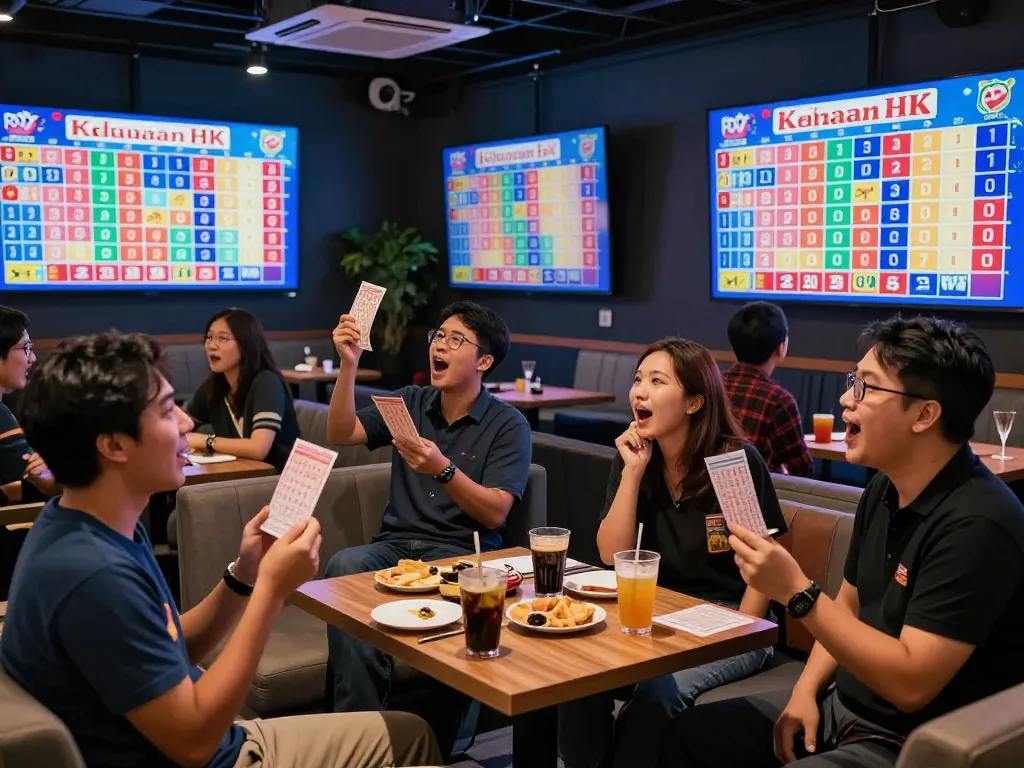 Keluaran HK lottery draw with excited bettors watching live results in a vibrant lounge atmosphere.
