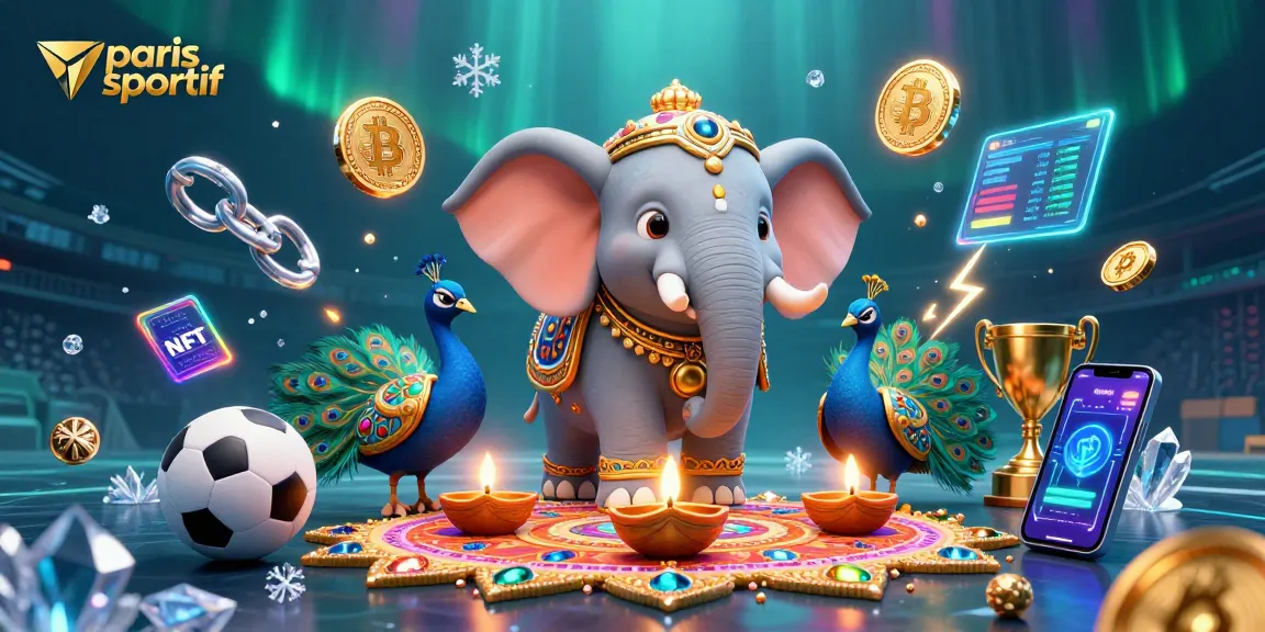 Paris sportif en action avec un éléphant diwali et un paon, décorés d'éléments colorés.