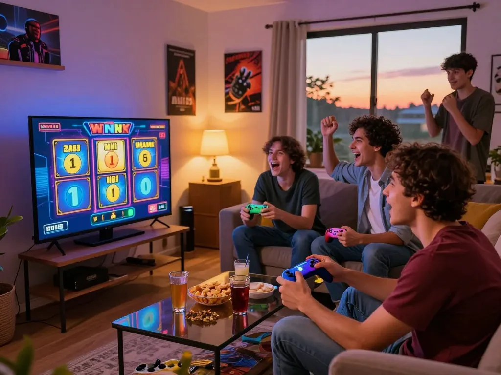 Friends enjoying a thrilling slot qris game night in a cozy living room.