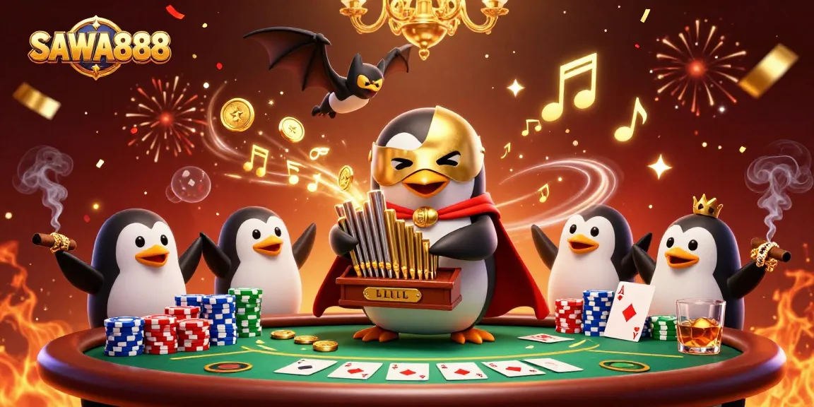 Engage with SAWA888 through playful 3D illustration of a penguin at a casino, showing vibrant elements and golden coins.