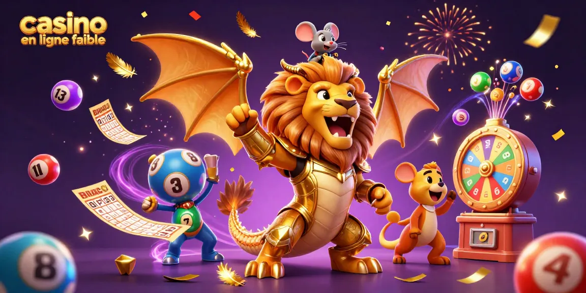 Découvrez le casino en ligne fiable avec une illustration dynamique de personnages et éléments de jeu.