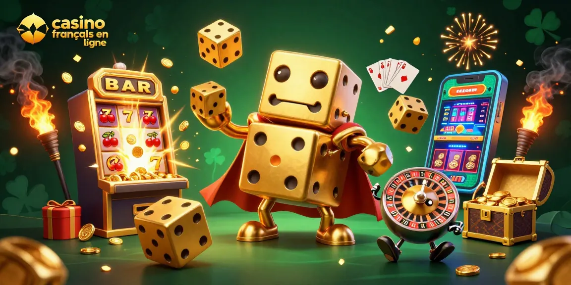 Le casino français en ligne présente une illustration dynamique de jeux, d'avantages, et de cagnottes.