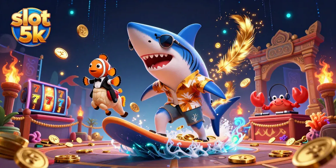 Experience thrilling gameplay with slot 5k as characters surf on coins amidst action-packed casino elements.