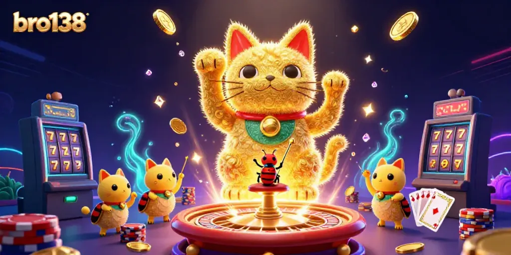 Engage with bro138's vibrant casino theme featuring a giant lucky cat and sparkling symbols.