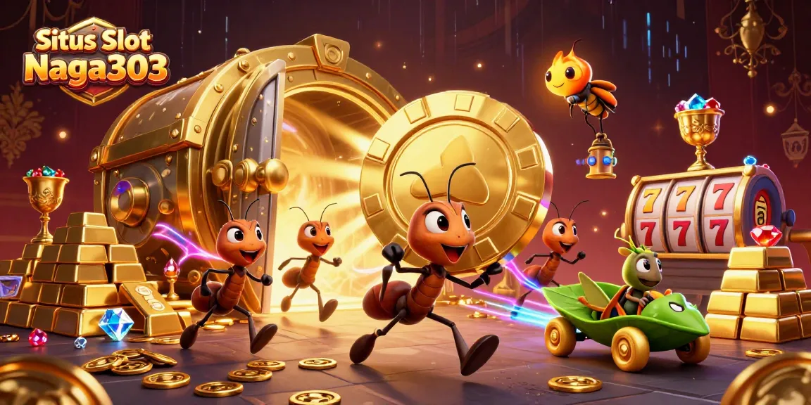 Situs Slot Naga303 showcases a vibrant heist scene with ants carrying a giant poker chip, surrounded by casino treasures.