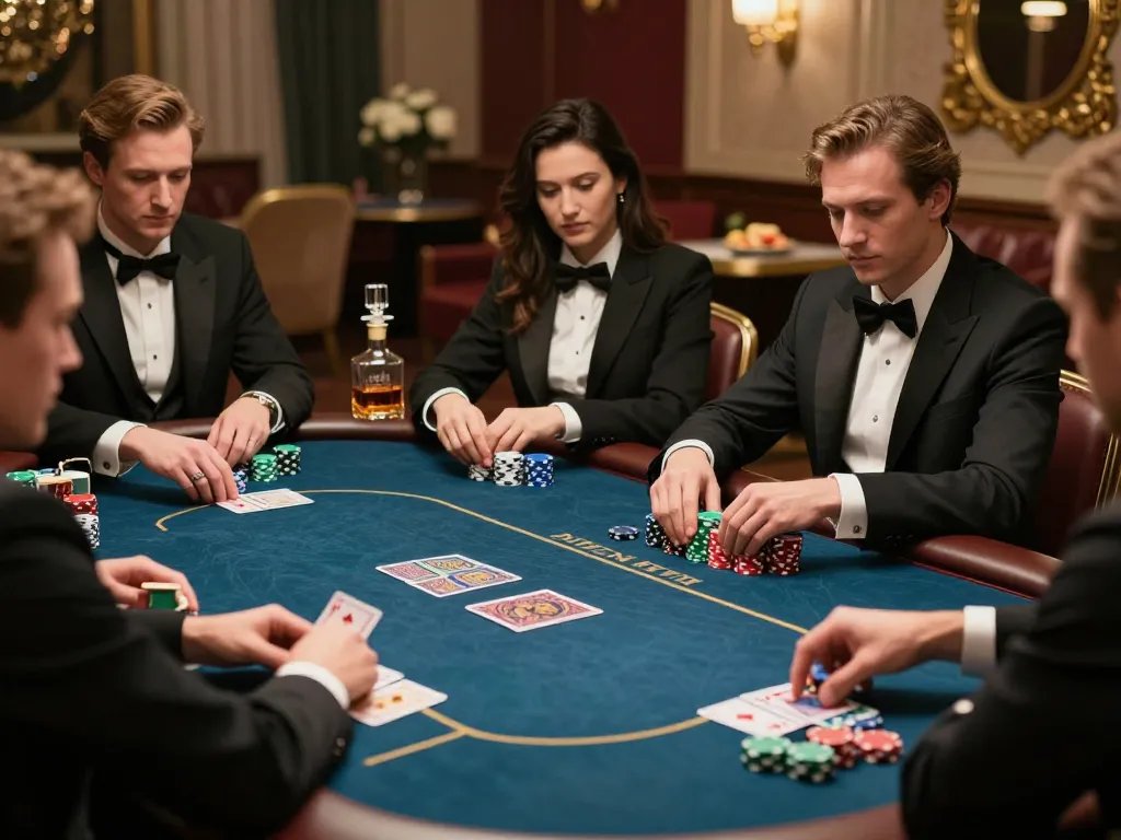 A group of players engaged in a high-stakes game at nhà cái go8 VIP poker room, showcasing intense focus and strategic gameplay.