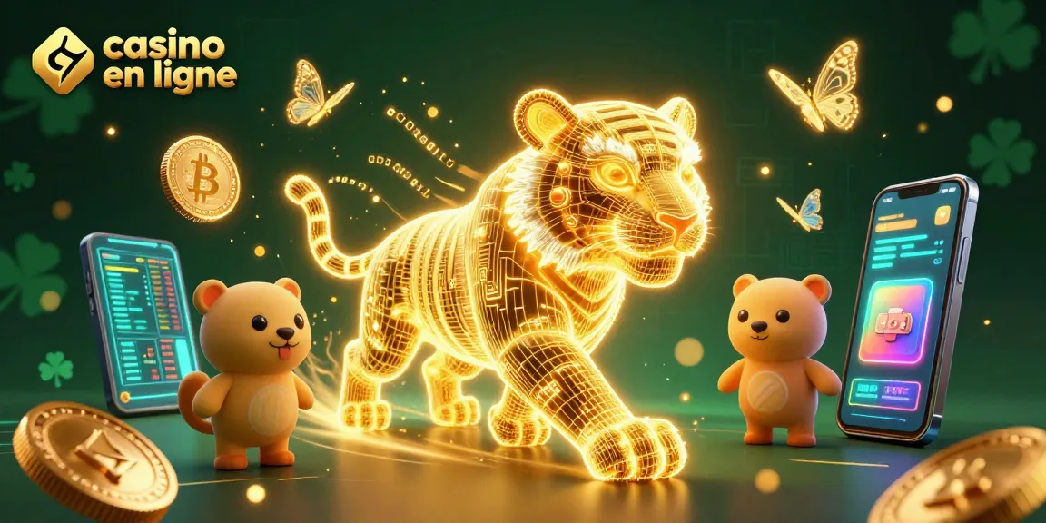 Plongez dans l'univers captivant des jeux de casino en ligne avec notre illustration dynamique de tigre doré et crypto-monnaies luminescentes.
