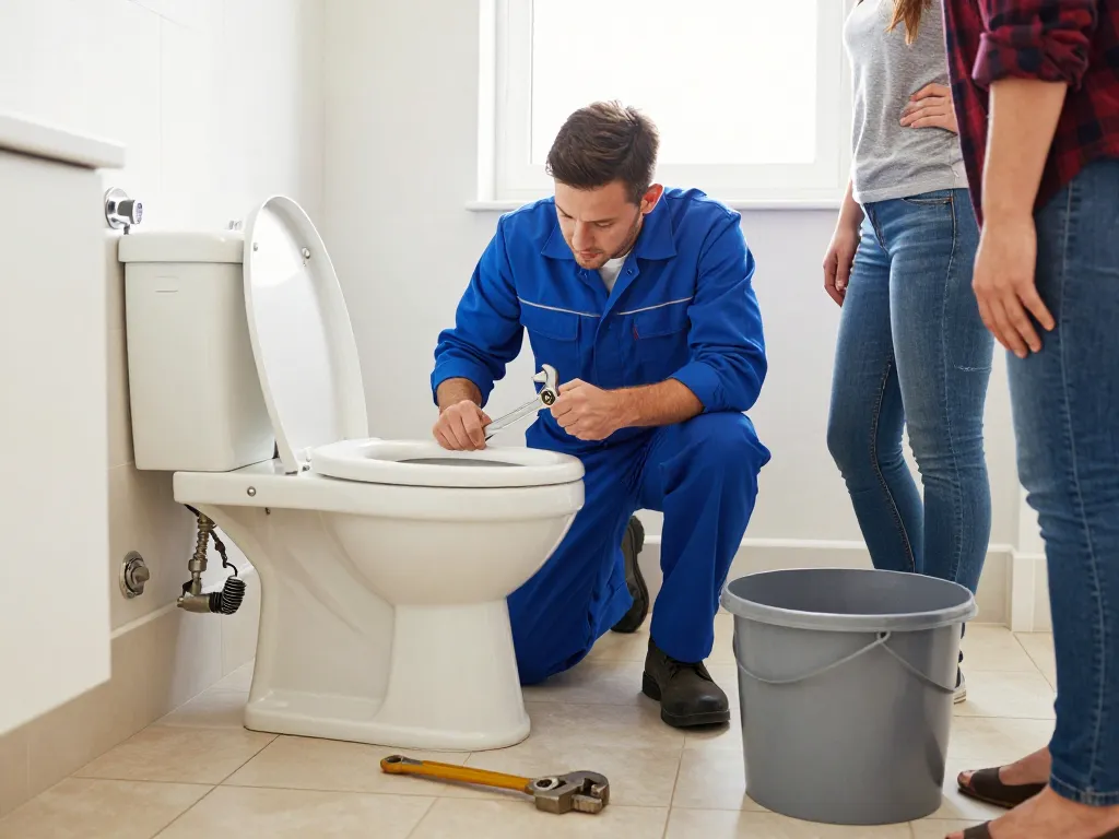 Apex Plumbing Services plumber repairing a leaking toilet in a bright bathroom, showcasing expert plumbing solutions.