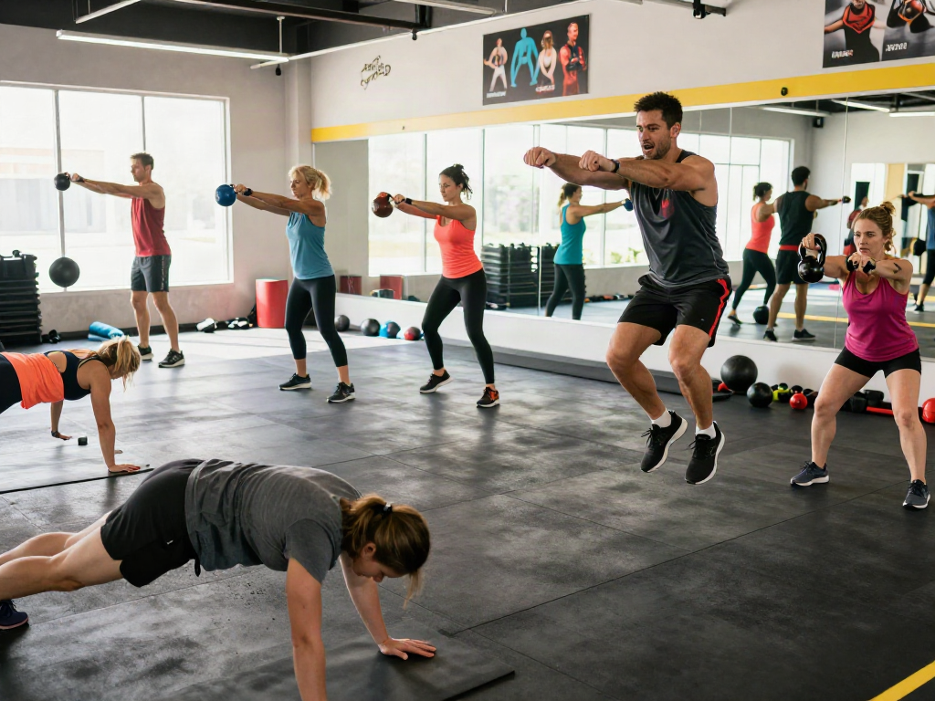 Engaged fitness boot camp class showcasing bro138 workouts with diverse participants energized in a modern gym.
