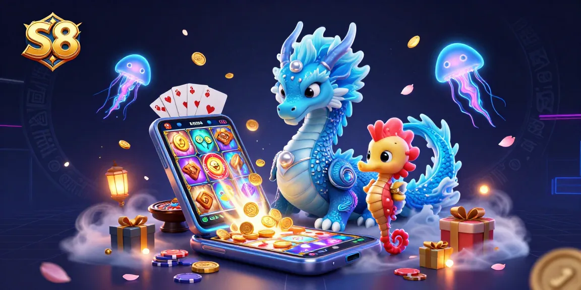 S8 offers thrilling casino excitement with a vibrant dragon and seahorse knight amidst glowing jellyfish.