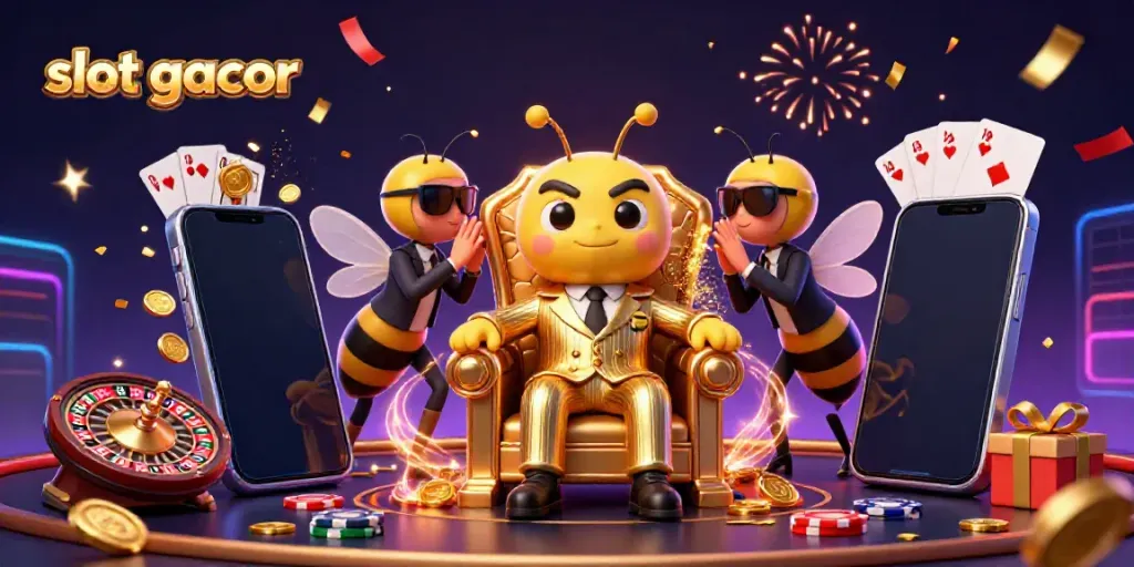 Engage in slot gacor gameplay with a charismatic bumblebee mob boss and his dynamic casino entourage.