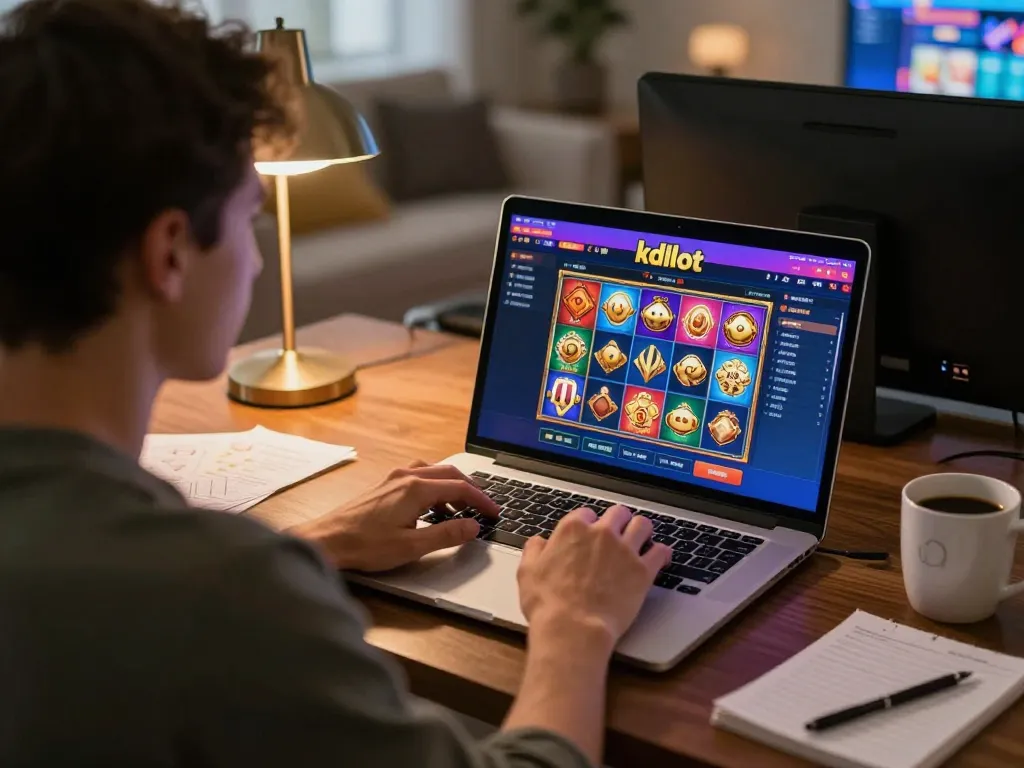 Player engaging with kdslot interface on laptop for an exciting online gaming experience