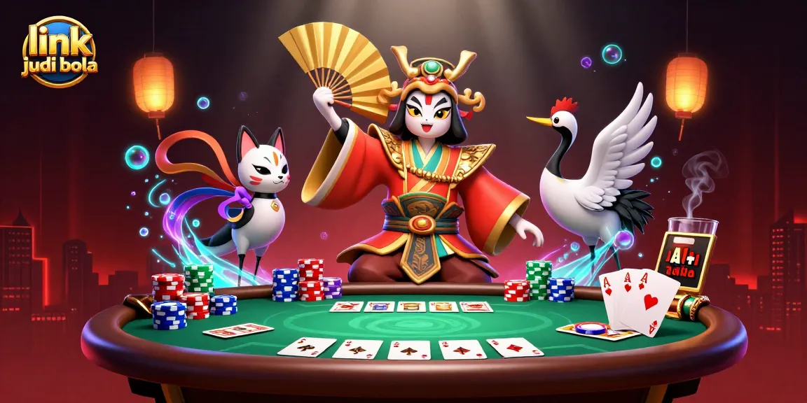 Mengalami keseruan link judi bola dengan karakter kabuki dan elemen kasino yang berwarna-warni dalam ilustrasi 3D.