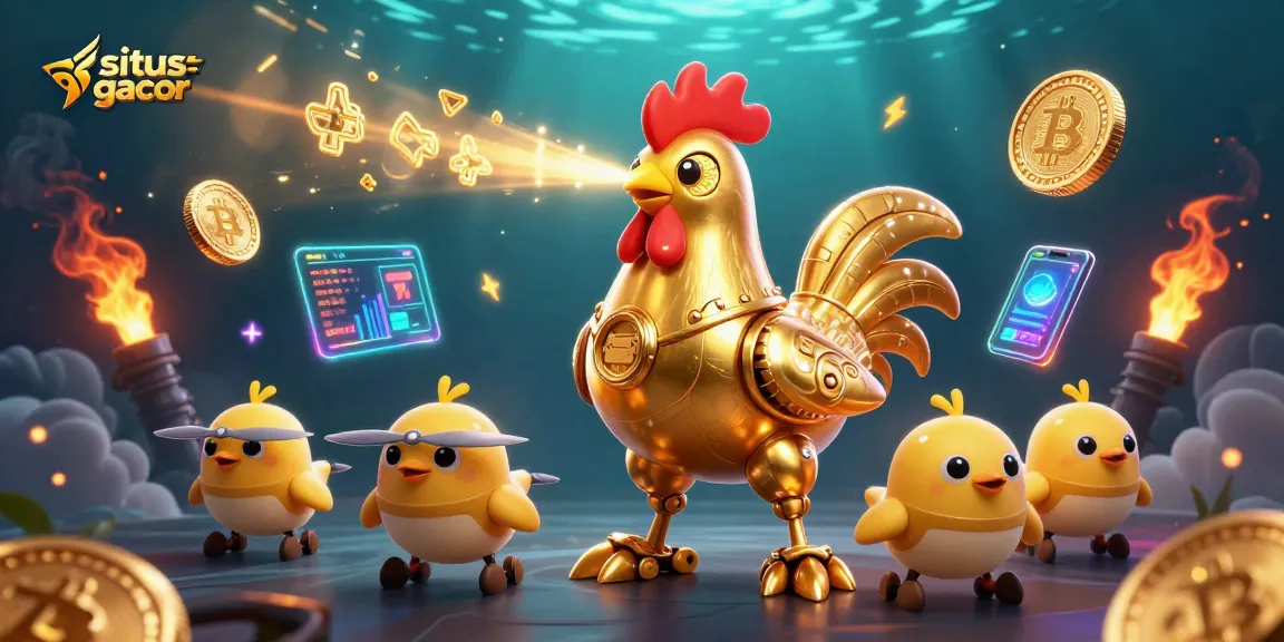Menangkan permainan di situs slot gacor dengan robot ayam emas futuristik dan koin kripto yang bersinar.