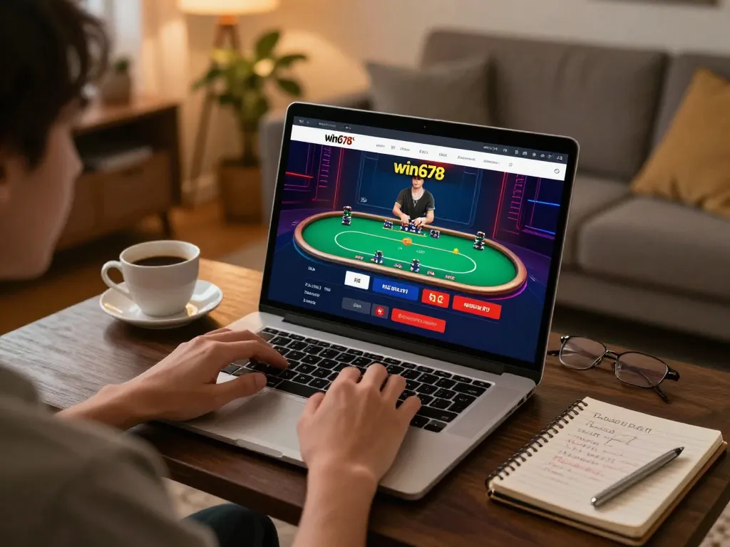 Engaging gameplay at win678 online casino, featuring a player focused on poker on a laptop in a cozy home setting.