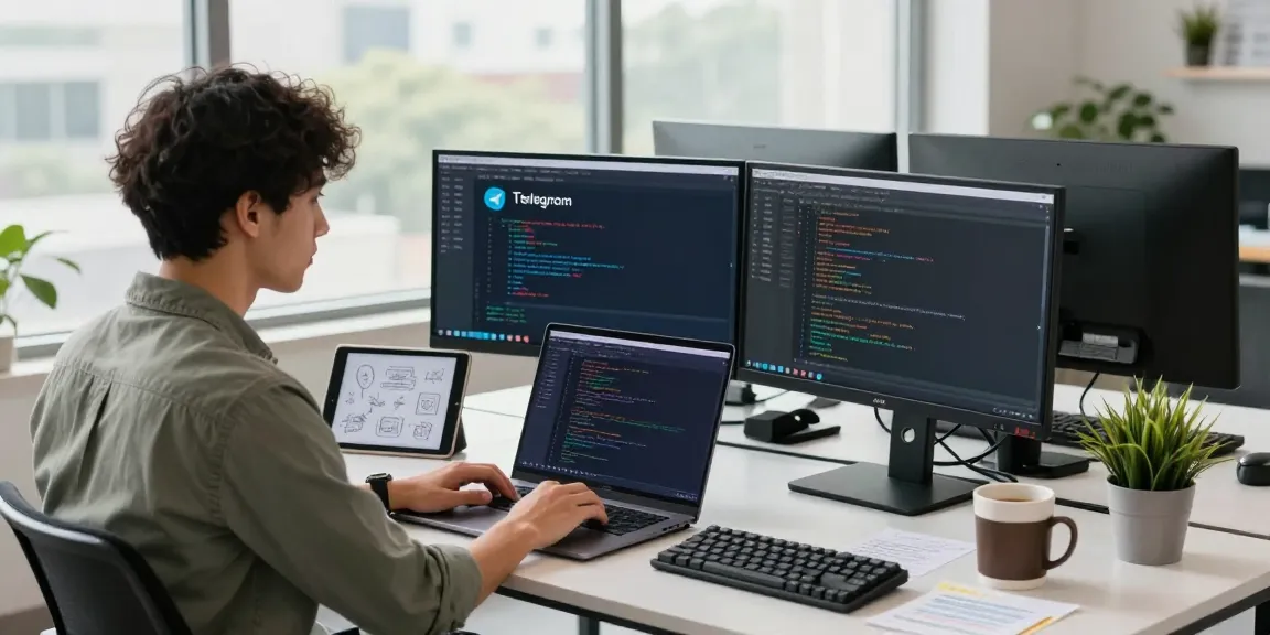 Professional workspace showcasing a developer using 纸飞机中文版 on dual monitors in a modern tech office.