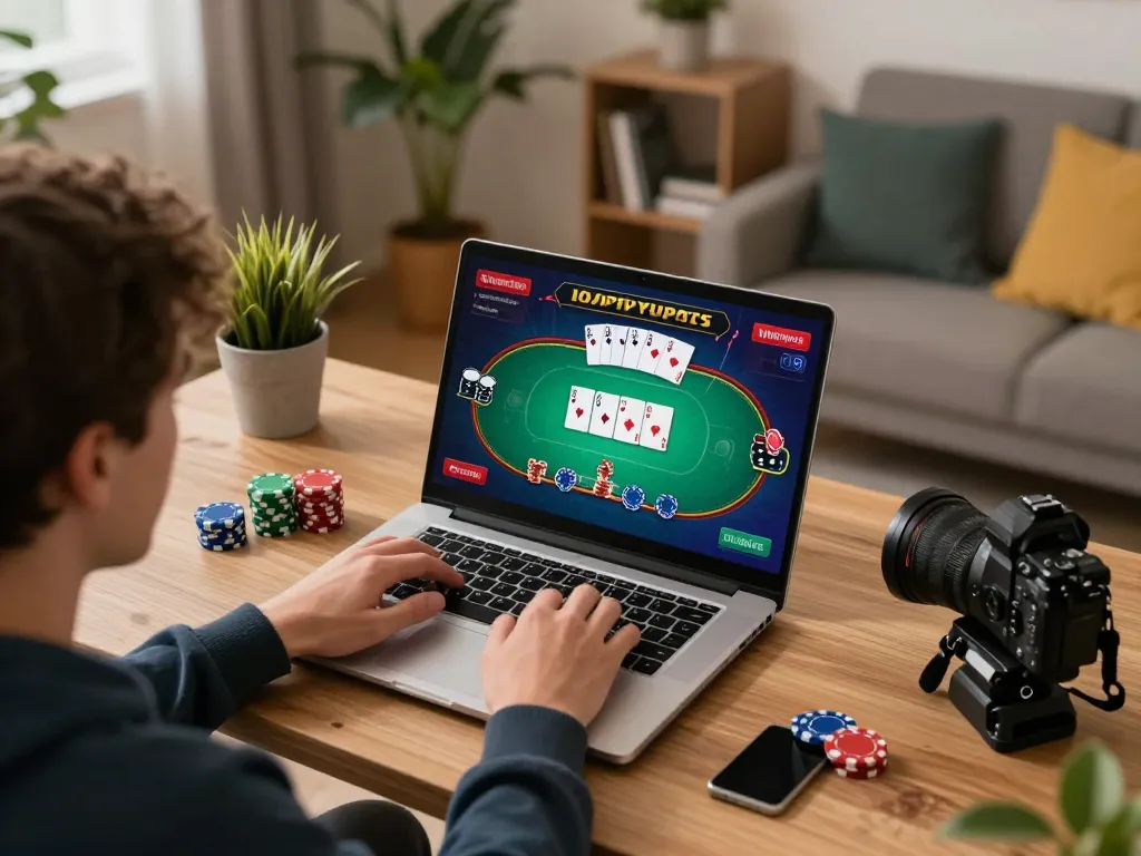 Player using sunwin online casino on laptop at home, surrounded by cozy decor and gaming strategy notes.