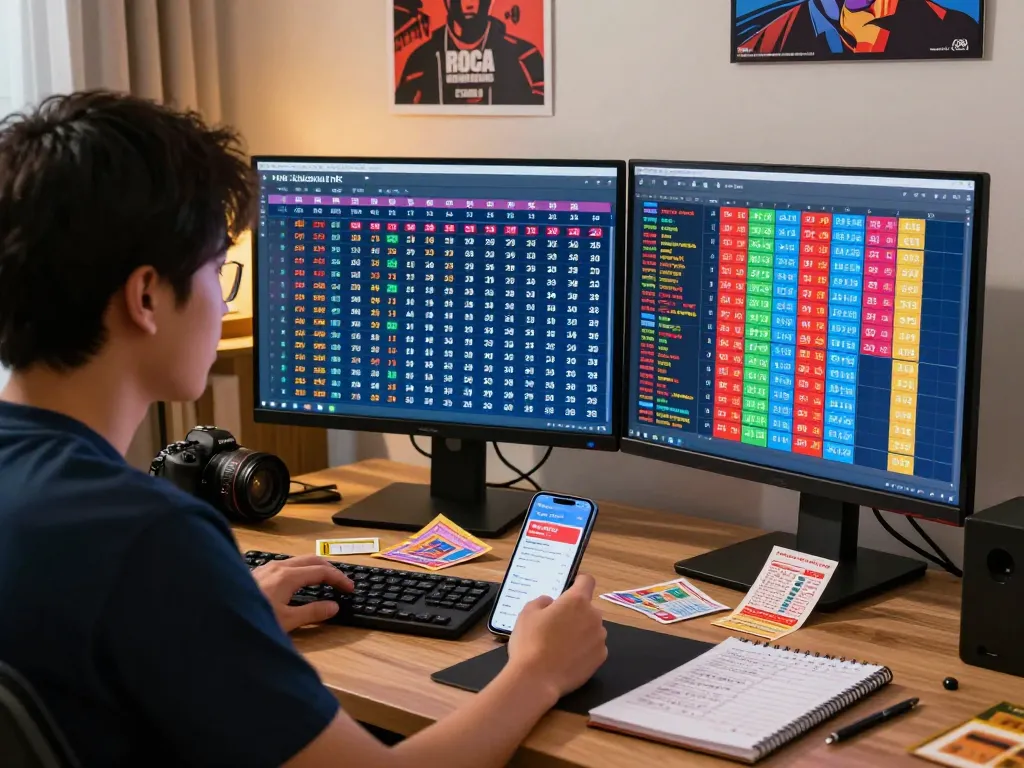 Engaged player analyzing Keluaran HK lottery results on multiple devices in vibrant home office.