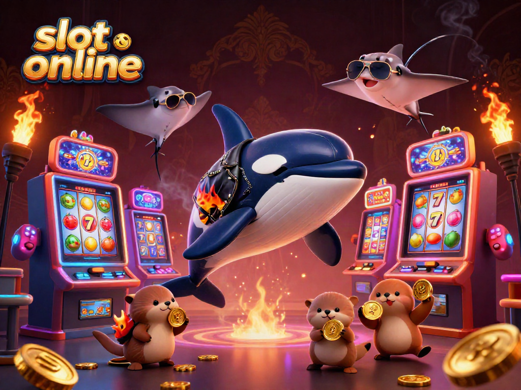 Mainkan slot online dengan karakter kartun menarik yang dikelilingi mesin slot berwarna-warni dan simbol keberuntungan.